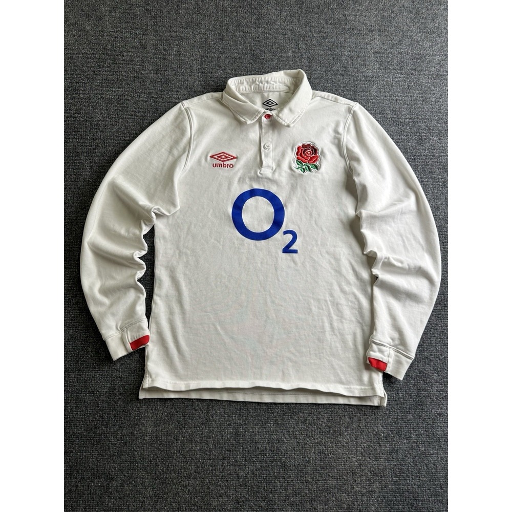 Mens 2020 Umbro England Rugby Long Sleeve Polo Shirt White, Size M